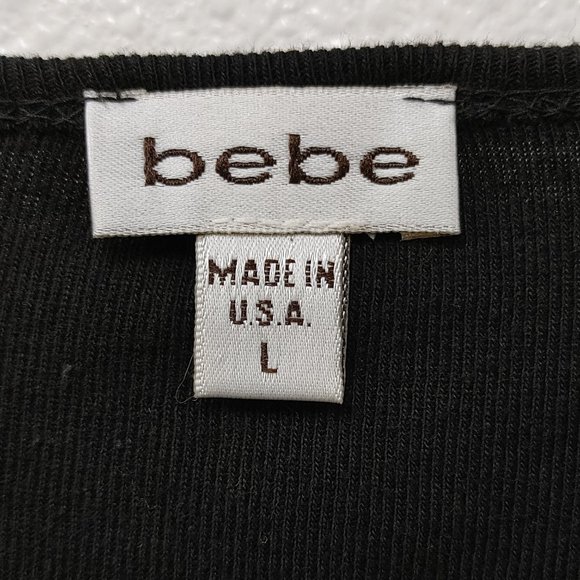 bebe  black cotton top with v neck and leather cord tie up. size L - Picture 5 of 7